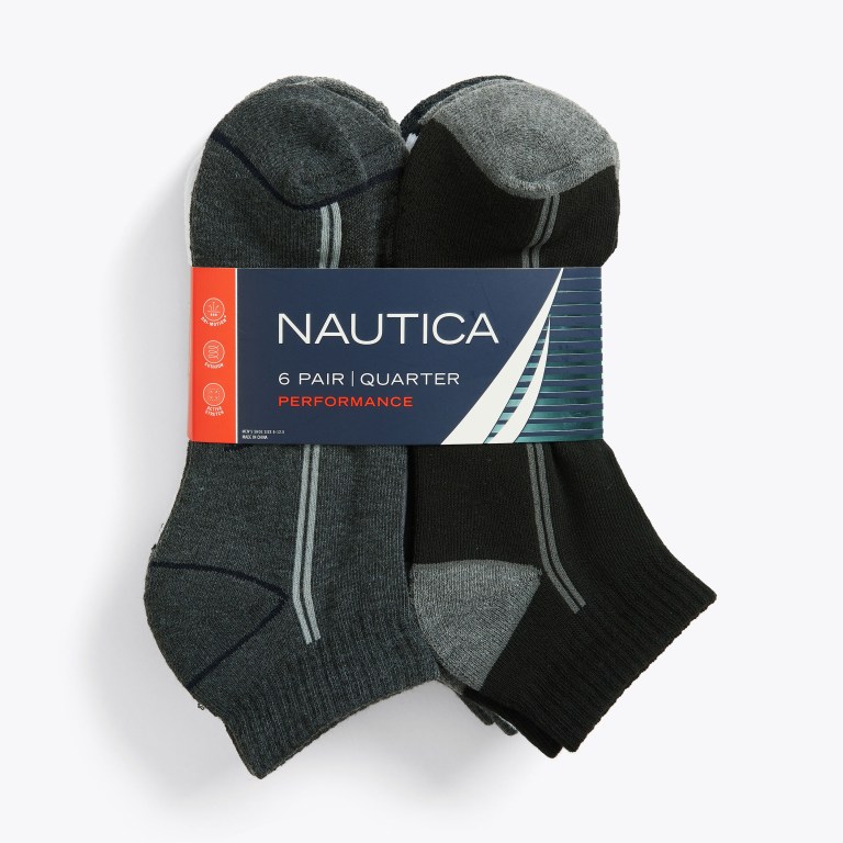 Men's Nautica Athletic Logo Quarter , 6-pack Socks Black | T4bUEENA