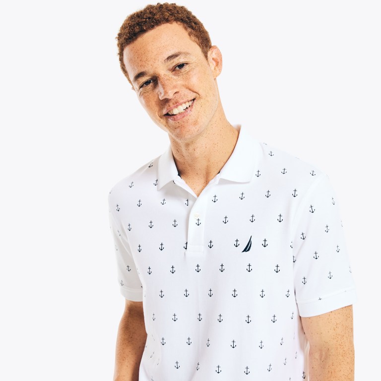 Men's Nautica Classic Fit Anchor Print Polo Shirts White | 0o7N7BQQ