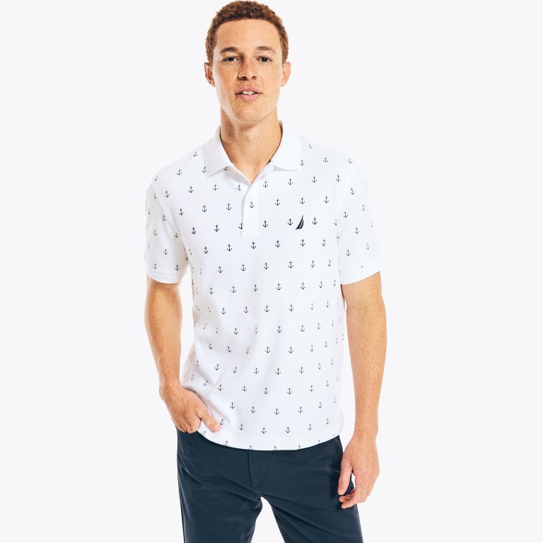 Men\'s Nautica Classic Fit Anchor Print Polo Shirts White | 0o7N7BQQ