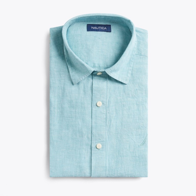 Men\'s Nautica Classic Fit Linen Shirts Blue | HFDR7RzY