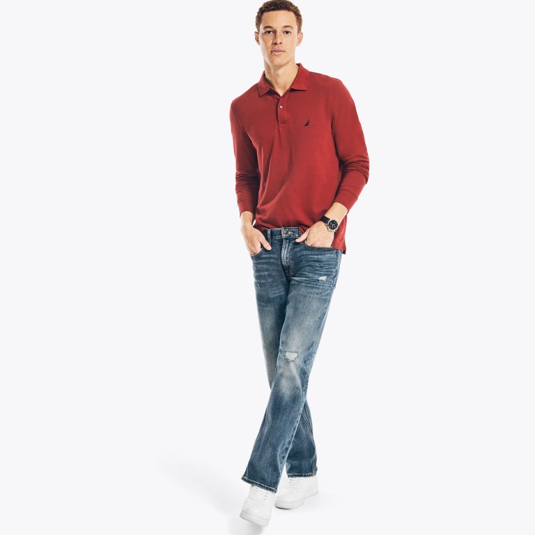 Men's Nautica Classic Fit Long-sleeve Deck Polo Shirts Red | tXYXzP1D