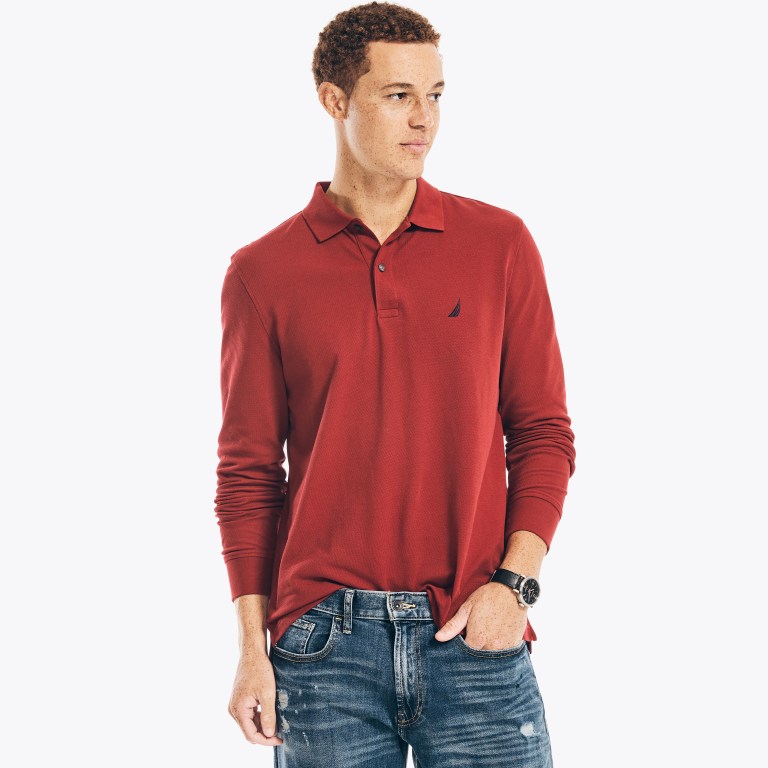 Men\'s Nautica Classic Fit Long-sleeve Deck Polo Shirts Red | tXYXzP1D