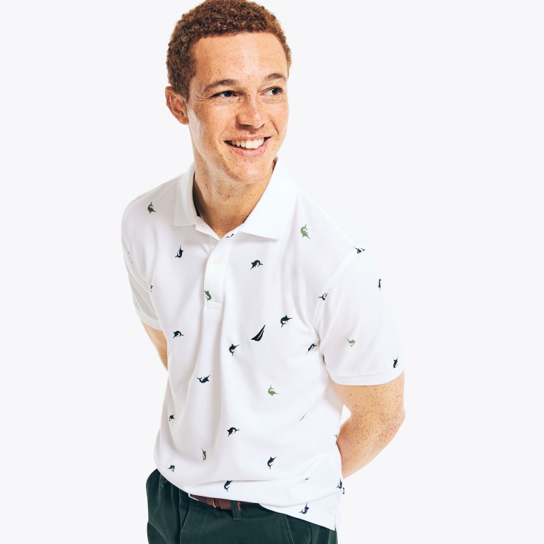 Men's Nautica Classic Fit Printed Deck Polo Shirts White | ssaQ1V5L