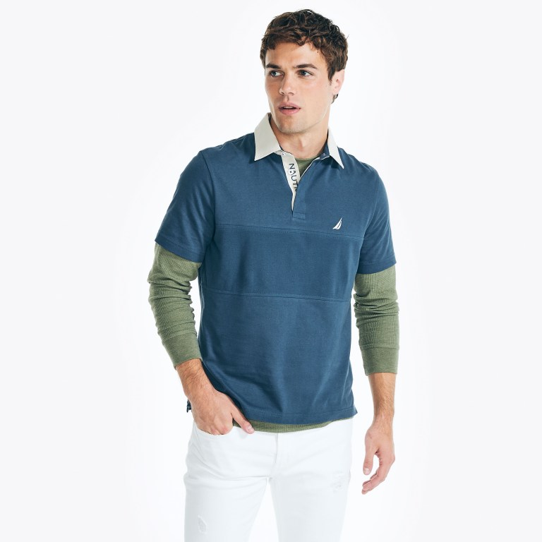 Men\'s Nautica Classic Fit Rugby Chest-stripe Polo Shirts Blue | 961qJVPW