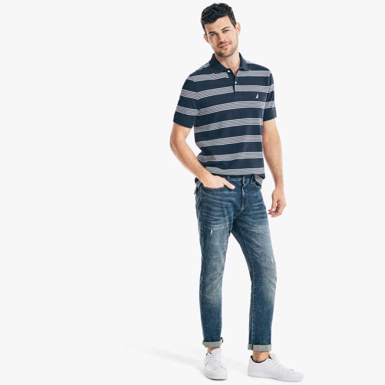 Men's Nautica Classic Fit Striped Deck Polo Shirts Navy | WEyqm6V1