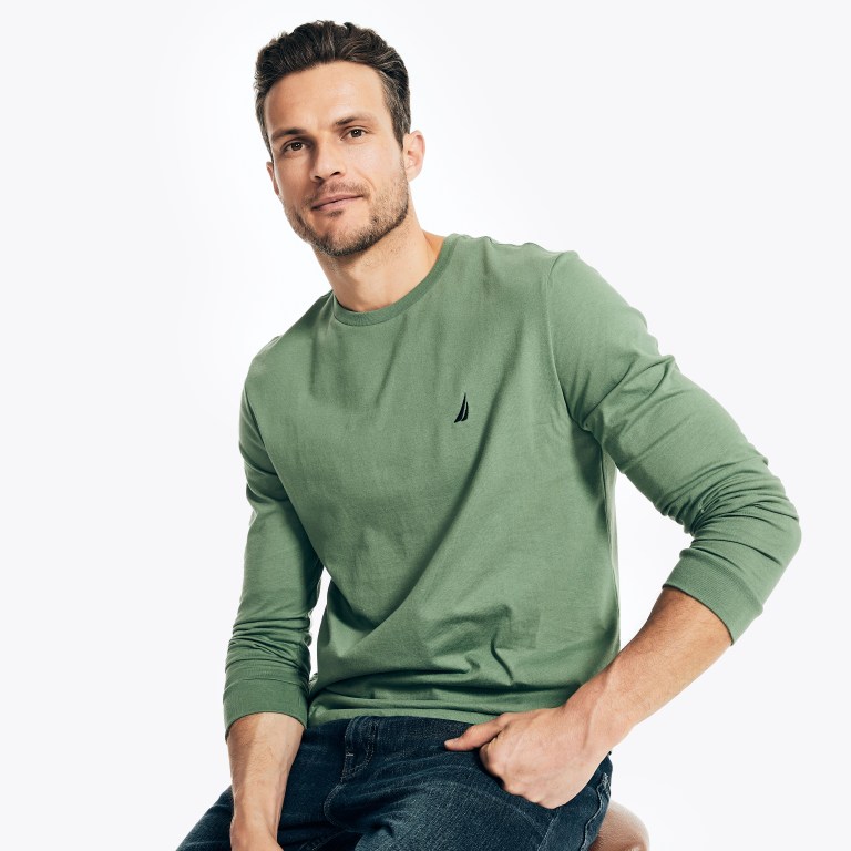 Men's Nautica Crewneck Long-sleeve T Shirts Green | UsynrIPj