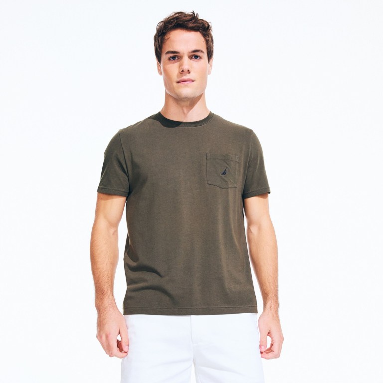 Men\'s Nautica Crewneck Pocket T Shirts Olive | 72bhLJJD