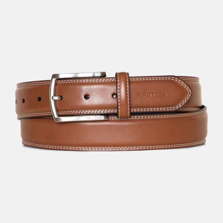 Men\'s Nautica Double-stitch Leather Belts Brown Grey | nGyRWhGf