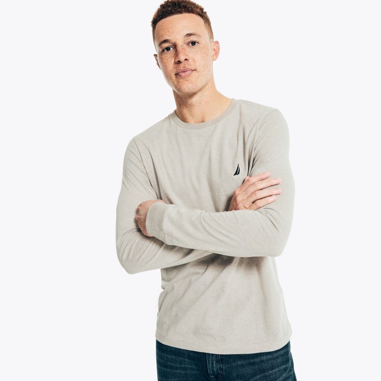 Men's Nautica Heathered Crewneck Long-sleeve T Shirts Grey | tVxSVYmD