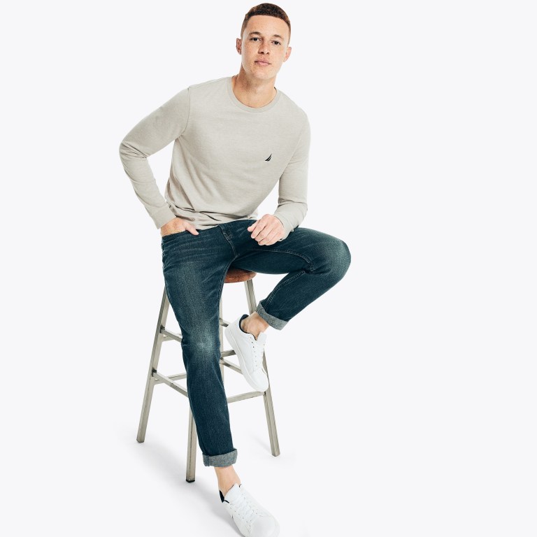 Men's Nautica Heathered Crewneck Long-sleeve T Shirts Grey | tVxSVYmD