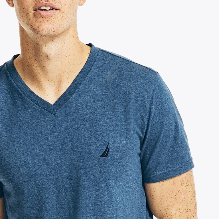 Men's Nautica Heathered V-neck T Shirts Blue | H74MRKJc