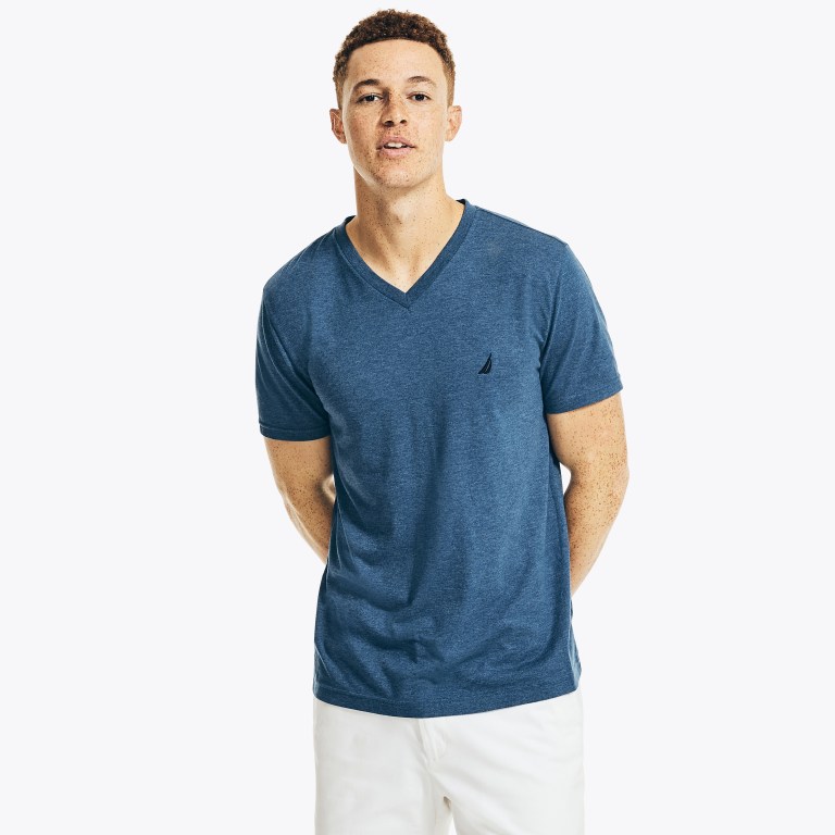 Men\'s Nautica Heathered V-neck T Shirts Blue | H74MRKJc