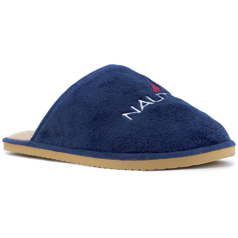 Men\'s Nautica Logo Terry Slippers Blue | mNAzxwpC