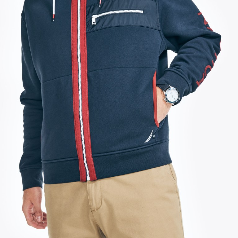 Men's Nautica Mixed Media Full-zip Hoodie Sweatshirts Navy | SHSOYoKU