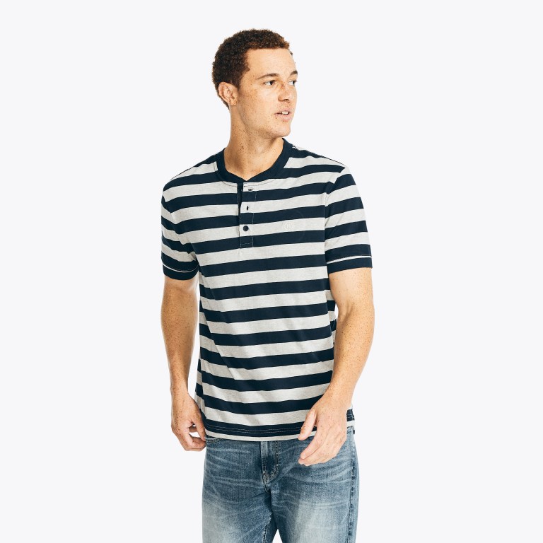 Men\'s Nautica Nautica Co. Striped -sleeve Henley T Shirts Grey | X0mQXKmi