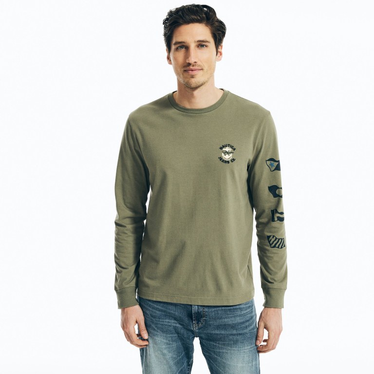 Men\'s Nautica Nautica Co. Sustainably Crafted Graphic Long-sleeve T Shirts Olive | QTiIQDgv