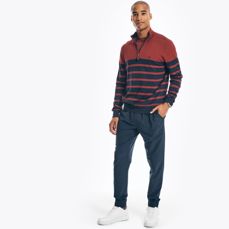 Men's Nautica Navtech Striped Quarter-zip Sweaters Red | NXLFHw8p