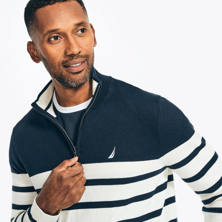 Men's Nautica Navtech Striped Quarter-zip Sweaters Navy | NplFhm6F