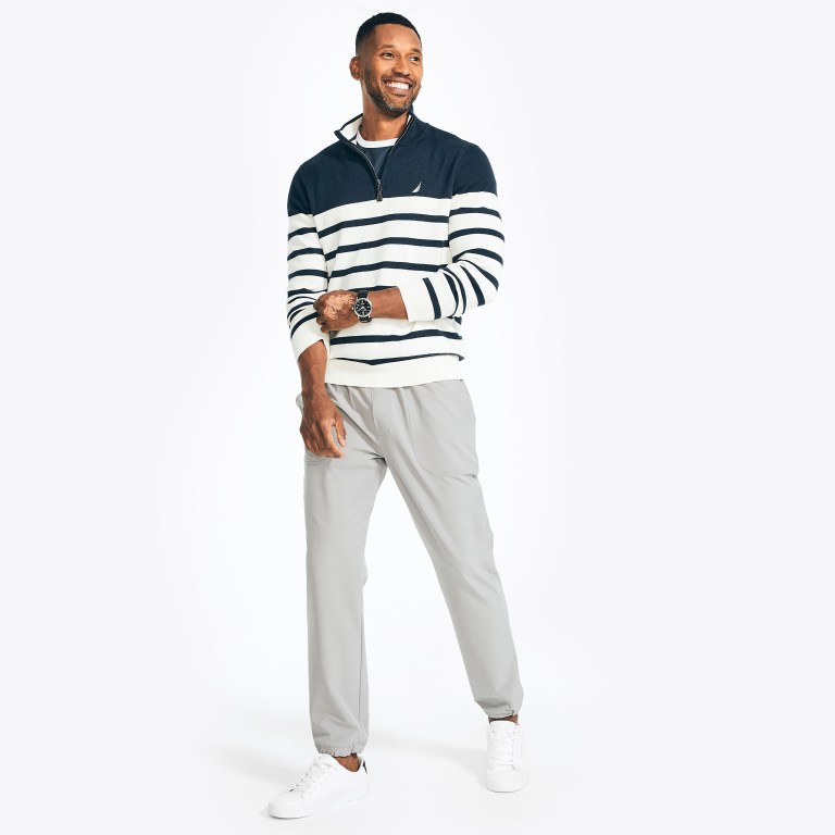 Men's Nautica Navtech Striped Quarter-zip Sweaters Navy | NplFhm6F