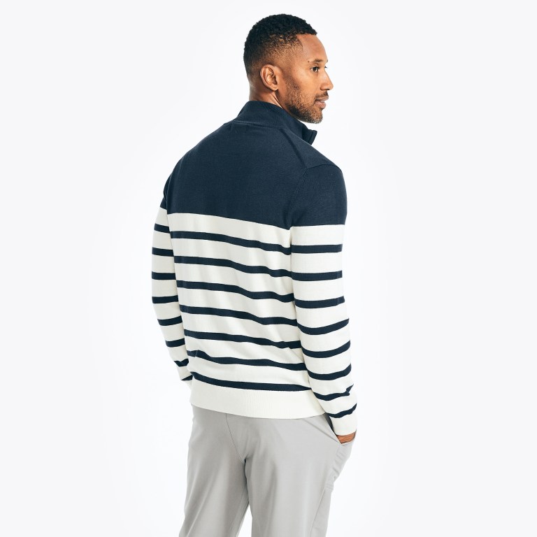 Men's Nautica Navtech Striped Quarter-zip Sweaters Navy | NplFhm6F