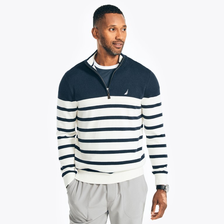 Men\'s Nautica Navtech Striped Quarter-zip Sweaters Navy | NplFhm6F