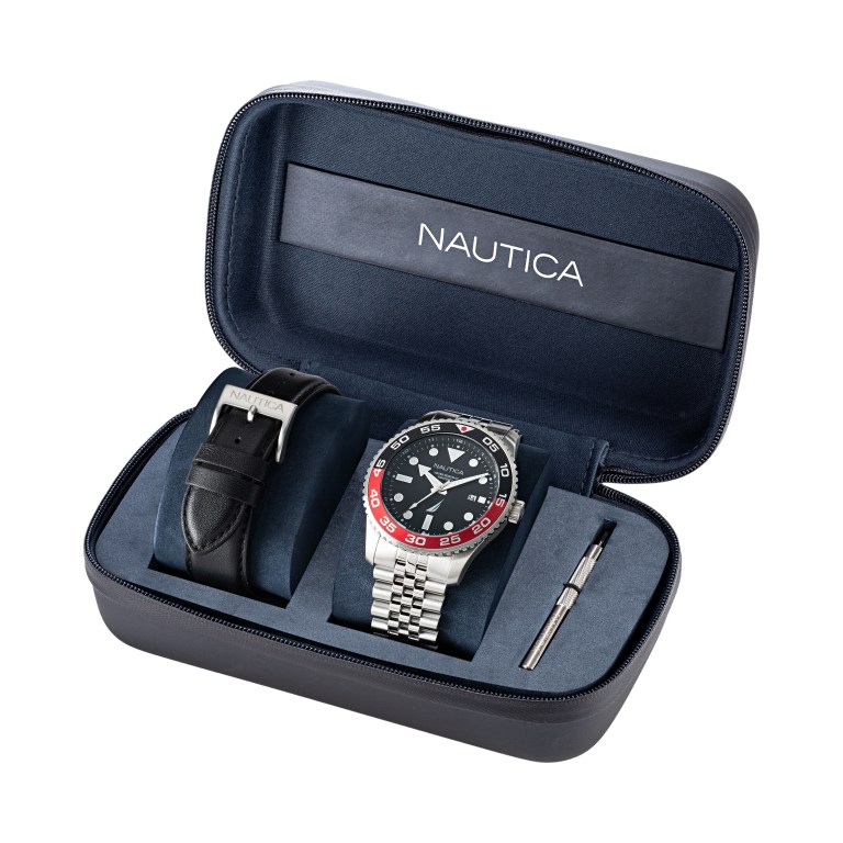 Men's Nautica Pacific Beach Stainless Steel And Leather Box Set Watches Multicolor | Xm23eJ4k