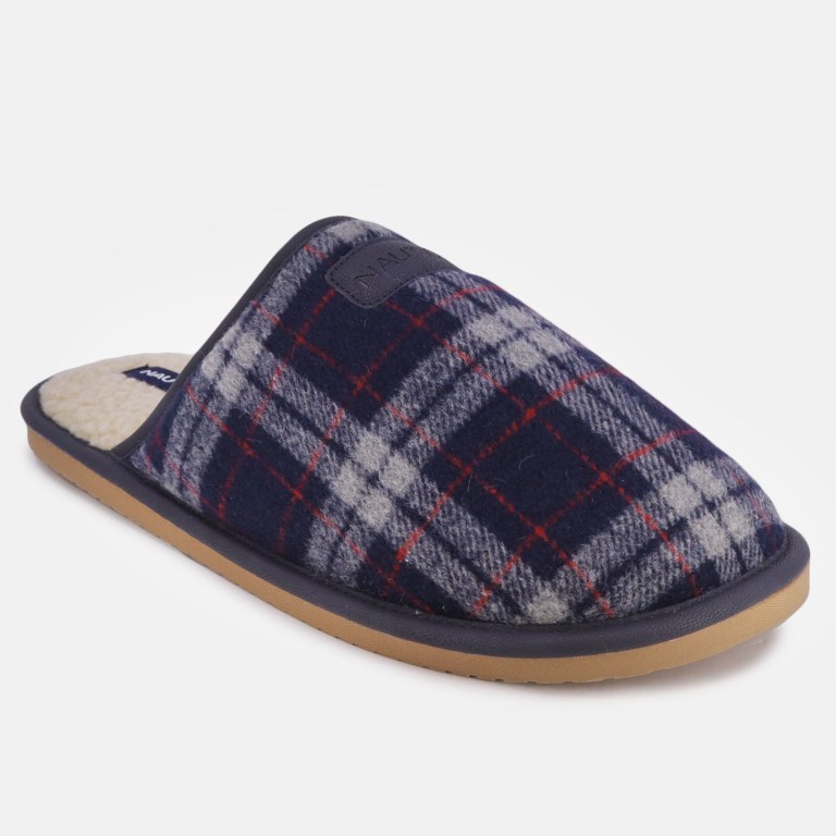 Men\'s Nautica Plaid Micro Suede Slippers Navy | 51Pgucct