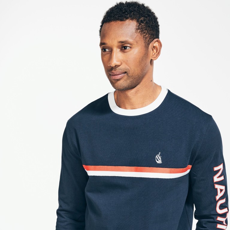 Men's Nautica Reissue Chest-stripe Long Sleeve T Shirts Navy | j0ucAKb6