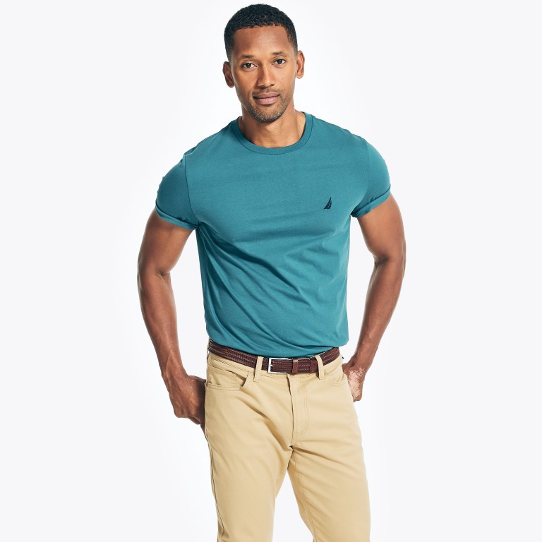 Men's Nautica Solid Crewneck T Shirts Blue | h7lOjbUD