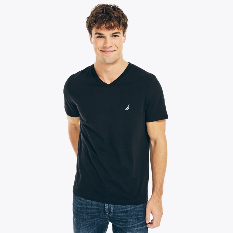 Men\'s Nautica Solid V-neck T Shirts Black | kL1rb9om