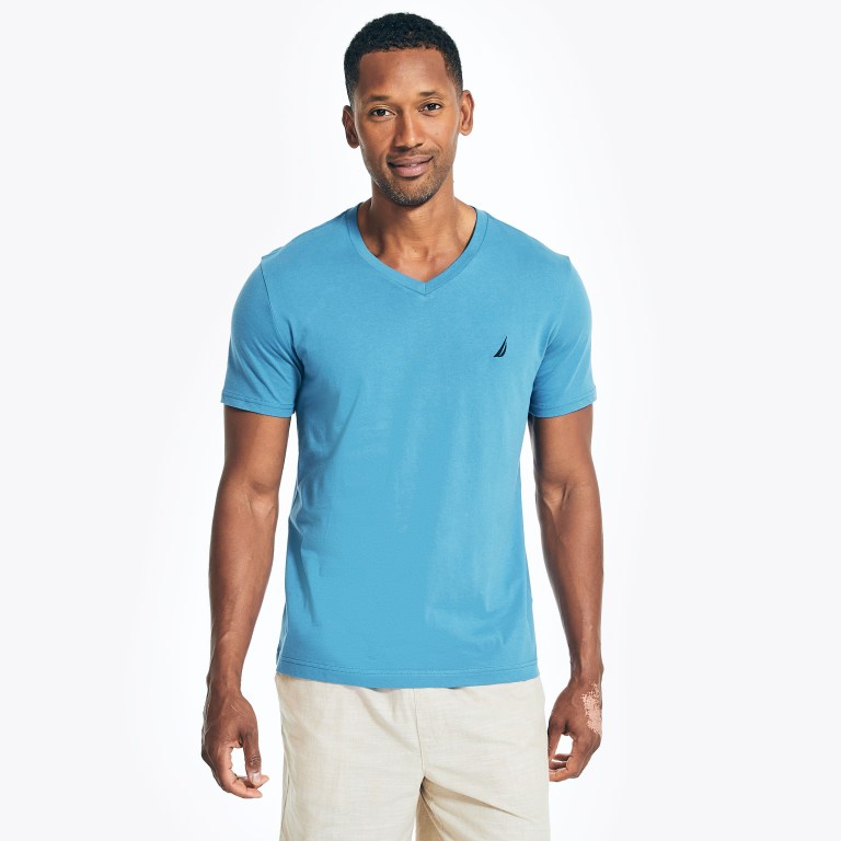 Men's Nautica Solid V-neck T Shirts Blue | SQeSinW5