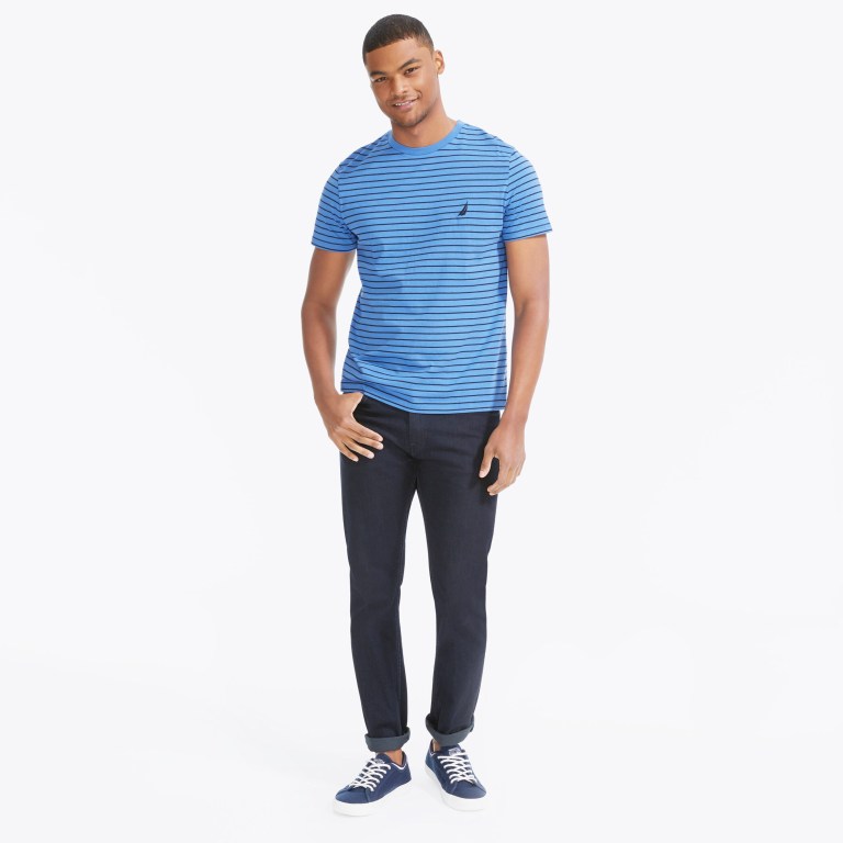 Men's Nautica Striped Crewneck T Shirts Blue | qISkAvZa