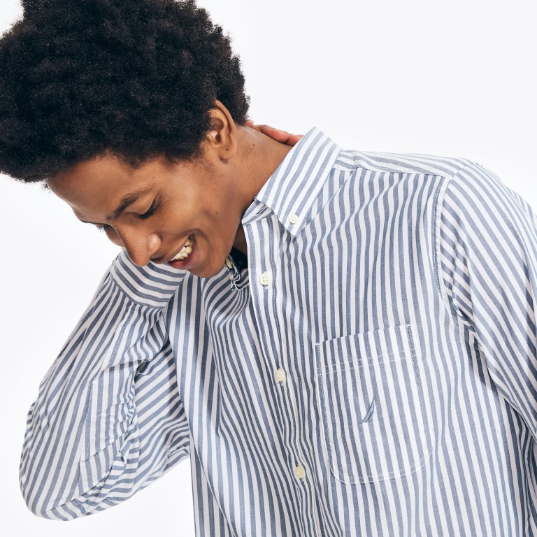 Men's Nautica Striped Poplin Shirts Blue | TvTxjCxN