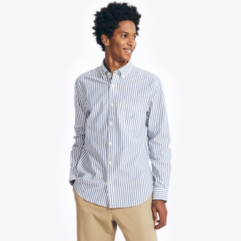 Men\'s Nautica Striped Poplin Shirts Blue | TvTxjCxN