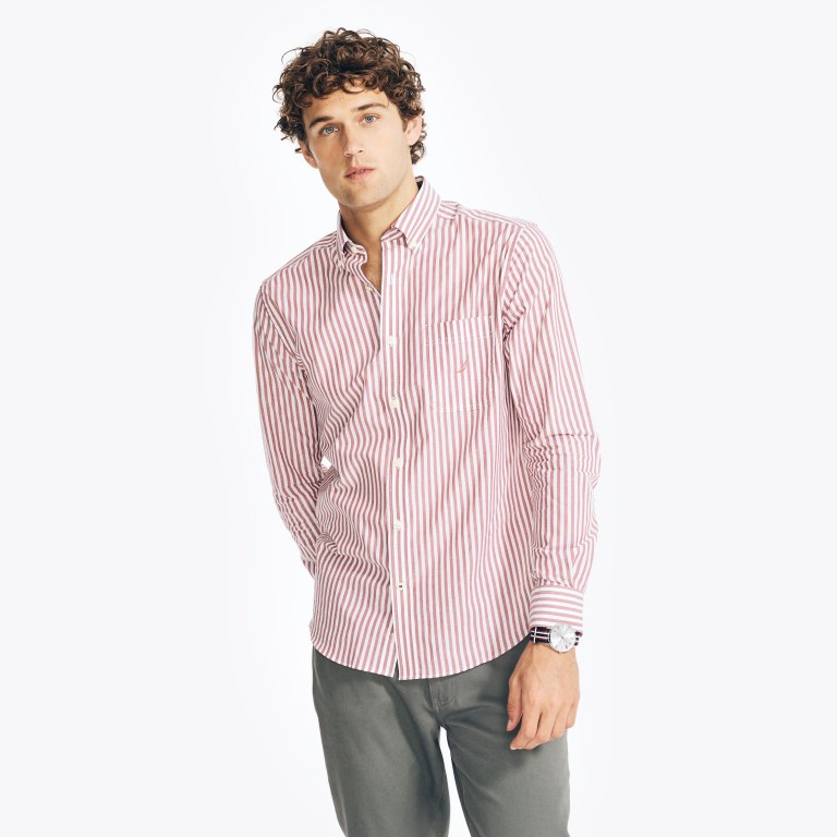 Men\'s Nautica Striped Poplin Shirts Red | lDkUhmf7