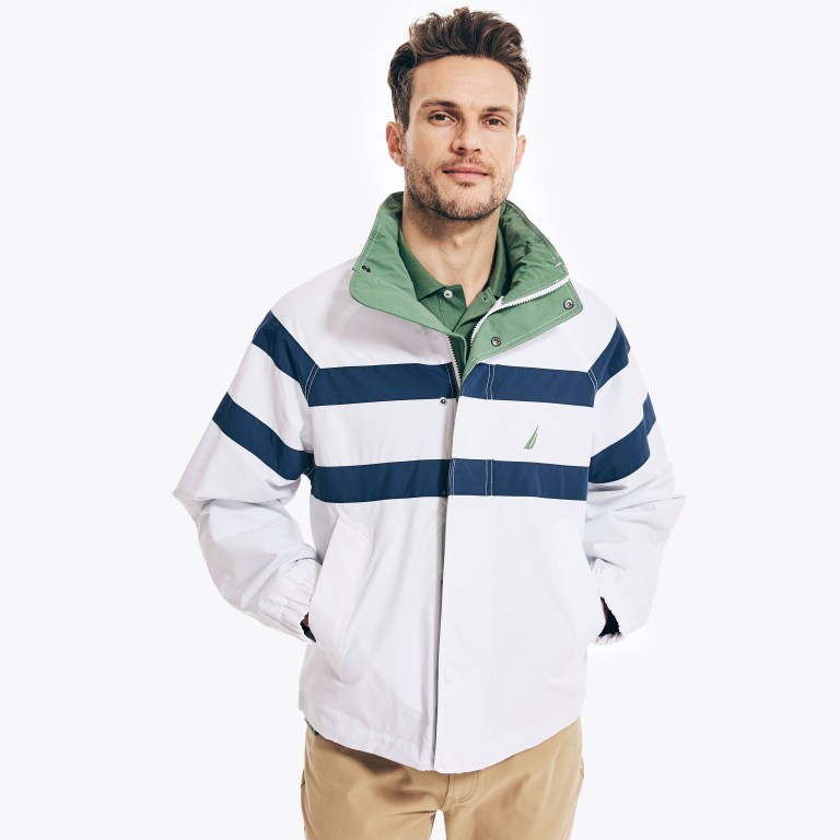 Men\'s Nautica Striped Rainbreaker Bomber Jackets White | A2eGmJ7k