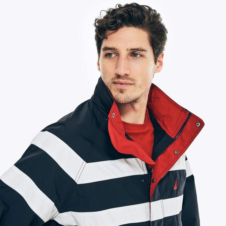 Men's Nautica Striped Rainbreaker Bomber Jackets Navy | YEiRrxCW