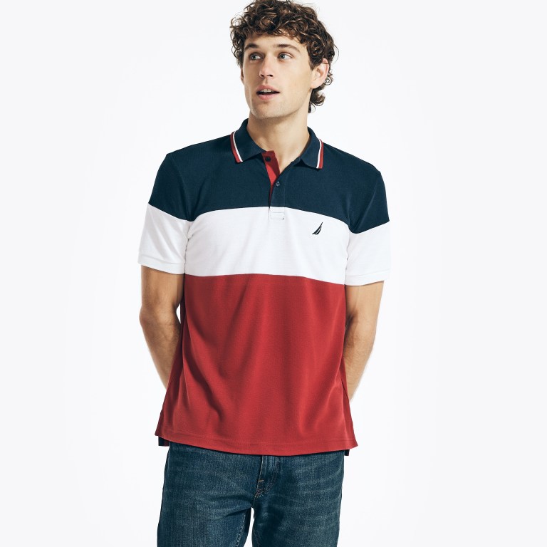 Men's Nautica Sustainably Crafted Classic Fit Colorblock Deck Polo Shirts Navy | IE2ikSfp