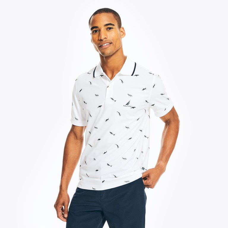 Men's Nautica Sustainably Crafted Classic Fit Shark Print Polo Shirts White | NZ98UDZW