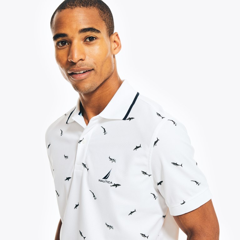 Men\'s Nautica Sustainably Crafted Classic Fit Shark Print Polo Shirts White | NZ98UDZW