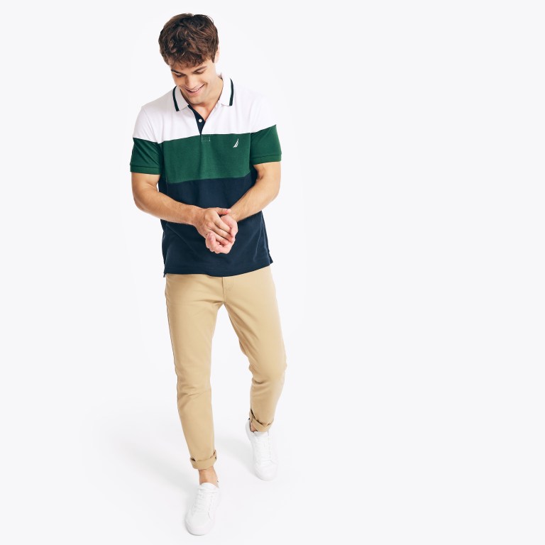 Men's Nautica Sustainably Crafted Classic Fit Colorblock Deck Polo Shirts White | oxKFo4b8