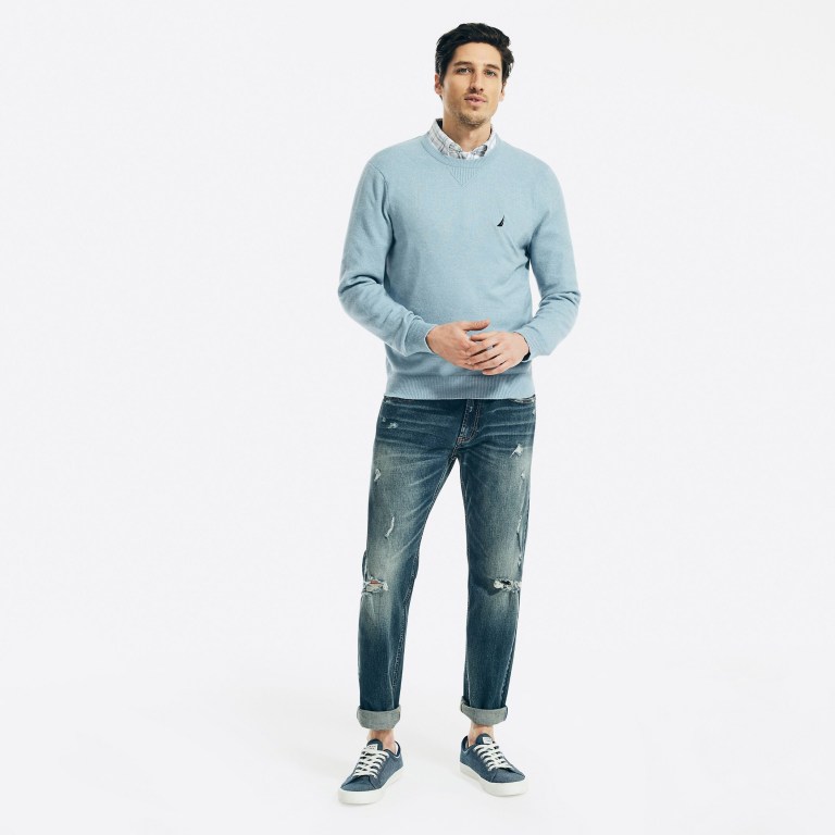 Men's Nautica Sustainably Crafted Crewneck Sweaters Blue | h70JONYH