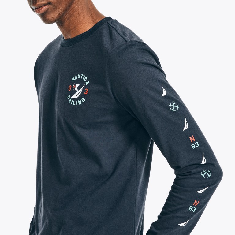 Men's Nautica Sustainably Crafted Graphic Long-sleeve T Shirts Navy | Rd5rRX6h