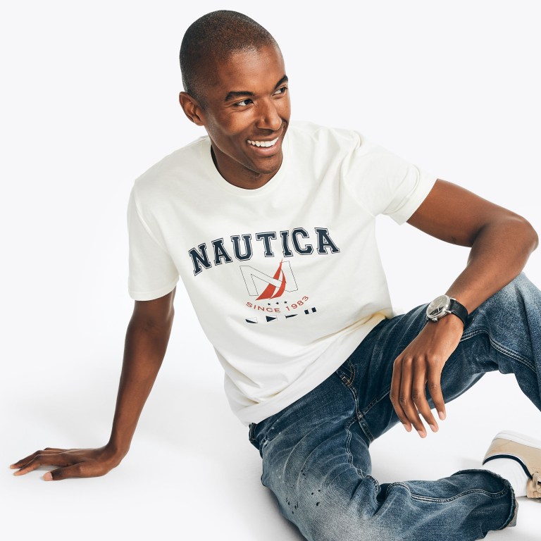 Men's Nautica Sustainably Crafted Logo Graphic T Shirts Cream | 1YGQy0lD