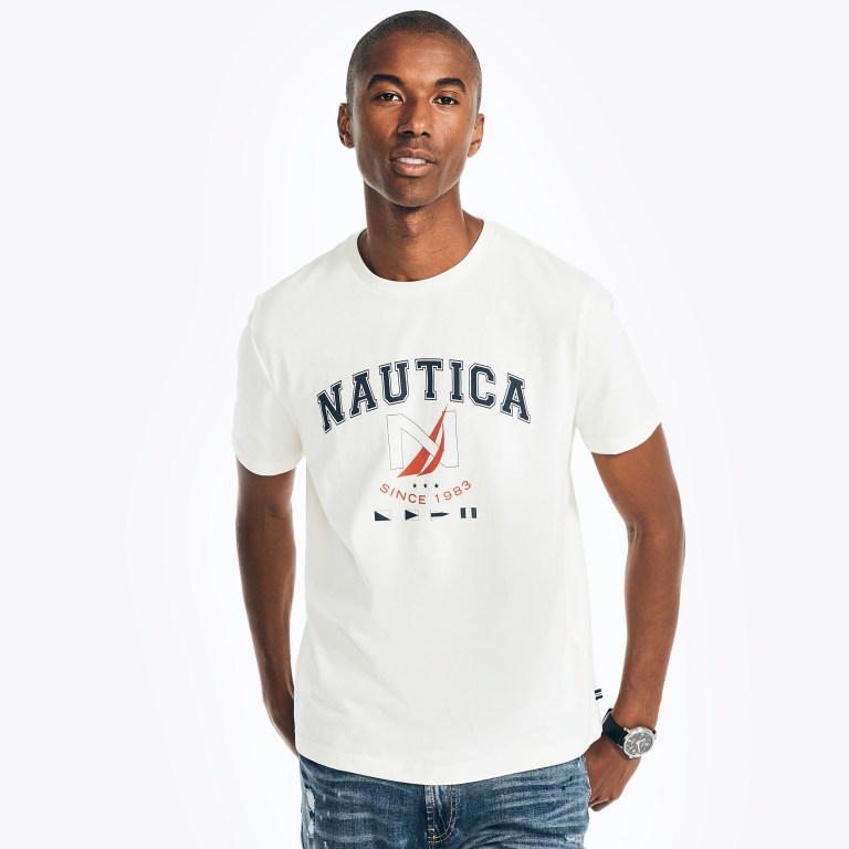 Men\'s Nautica Sustainably Crafted Logo Graphic T Shirts Cream | 1YGQy0lD