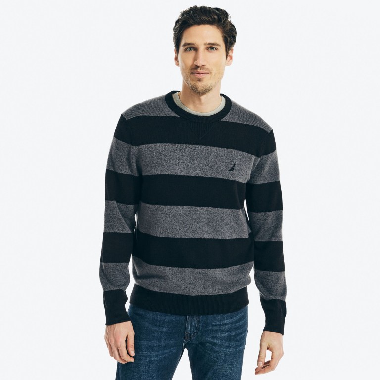 Men\'s Nautica Sustainably Crafted Striped Sweaters Black | 0KCpe6o4