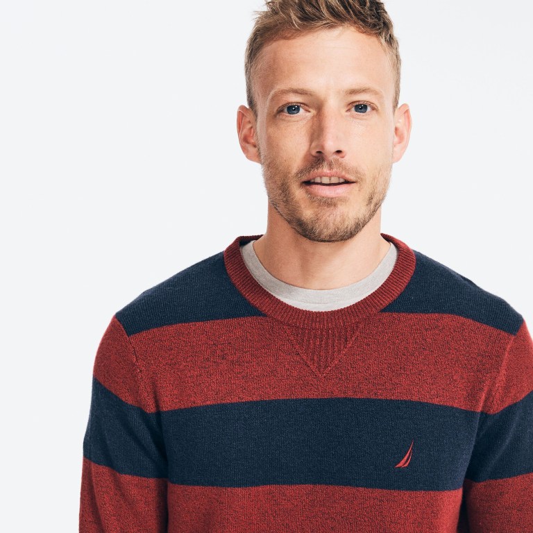 Men's Nautica Sustainably Crafted Striped Sweaters Red | 75zFLyhm