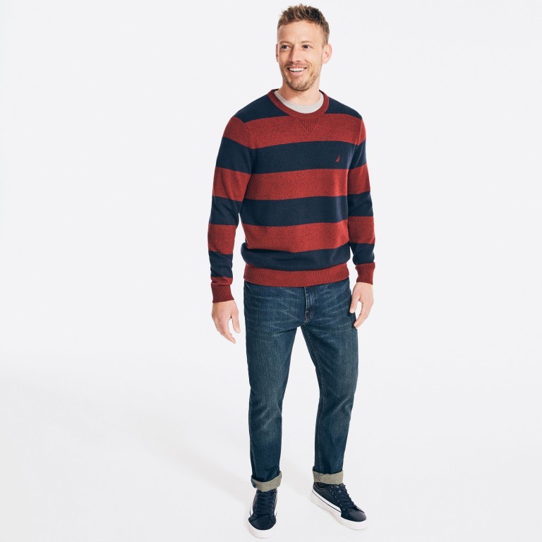 Men's Nautica Sustainably Crafted Striped Sweaters Red | 75zFLyhm