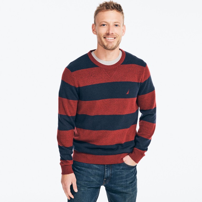 Men\'s Nautica Sustainably Crafted Striped Sweaters Red | 75zFLyhm