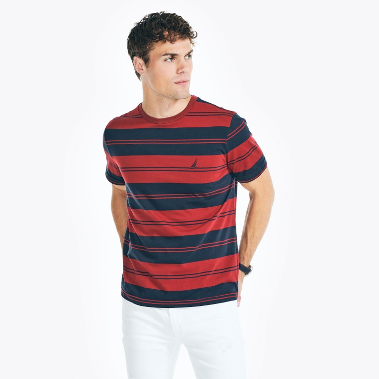 Men\'s Nautica Sustainably Crafted Striped T Shirts Red | WxMUKASc